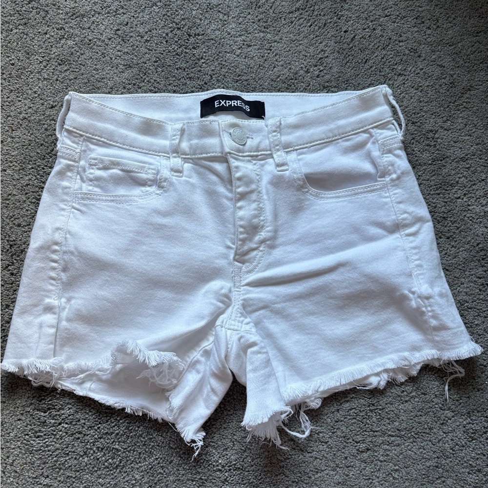 Express Mid-Rise White Jean Shorts with Distressed Hem